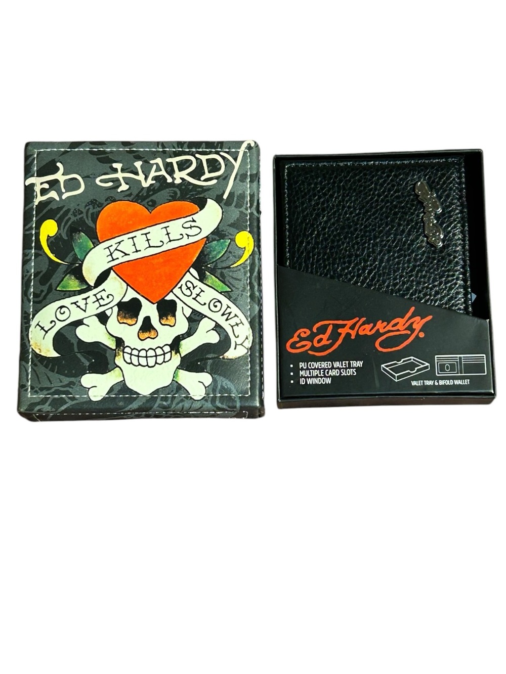 NWT Ed Hardy Men's Bifold Wallet and Valet Tray Gift Set Black